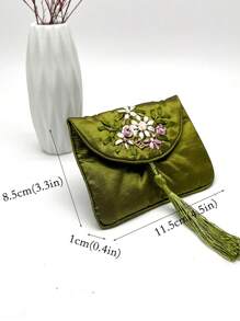 XD 1pc Mini Women's Embroidered Wallet, Vintage Zipper Clutch Purse, Large Capacity Floral Embroidery Colorful, Size (11x5cm) Portable Jewelry Storage Bag, Hibiscus Vintage Embroidered Satin With Tassel - Washable Nylon Fashion Accessory Women Wallet Mini Coin Purse - Multicolor - View 19