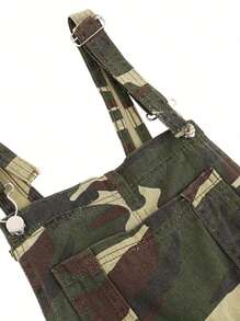 Summer Denim Overall Dress For Women  Solid Color/Camouflage/Flag Print Sleeveless Suspender Skirt With Pockets For Girls - Army Green - View 6