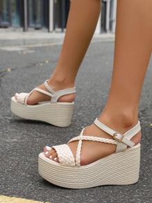 Women's Fashion Cross-Strap Wedge Platform Waterproof Open Toe Buckle Closure Sandals, Suitable To Pair With Skirts, Pants, For Party, Shopping, Versatile