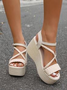 Women's Fashion Cross-Strap Wedge Platform Waterproof Open Toe Buckle Closure Sandals, Suitable To Pair With Skirts, Pants, For Party, Shopping, Versatile