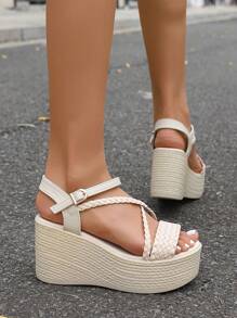 Women's Fashion Cross-Strap Wedge Platform Waterproof Open Toe Buckle Closure Sandals, Suitable To Pair With Skirts, Pants, For Party, Shopping, Versatile