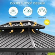 Fulvari 13x10 Outdoor Double Roof Permanent Wood Grain Coated Aluminum Pavilion With Netting And Curtain For Lawns,Gardens,Backyards,Decks - Grey - View 2