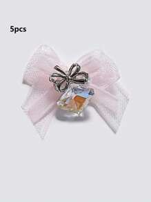 QPRETTY DU 5 piezas de adorno de uñas con doble lazo de cristal, gota cuadrada gruesa blanca y rosa, con terminado de malla doble y perforación