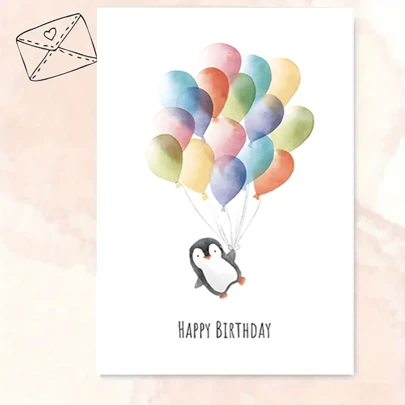 1 pieza, Tarjeta de cumpleaños, El pingüino en la imagen está mirando hacia arriba a un conjunto de globos de colores que flotan en el cielo, dando a la gente una sensación cálida y feliz. Adecuado para regalar a familiares y amigos, Tarjeta de cumpleaños - 6.3 pulgadas x 4.33 pulgadas