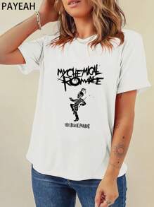 Payeah Women's 220g Heavy Cotton Casual Tee My Romance Black Parade 100% Cotton Digital Print T Shirt(1 Pcs) - 白色 - 查看 1