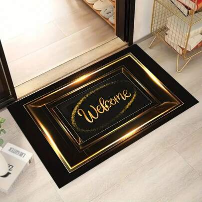 1pc Elegant Golden Modern Entry Rug For High Traffic Areas,Stain-Resistant Welcome Doormat - Machine Washable, Non-Slip Backed, Low Pile Entrance Mat, Polyester, Indoor/Outdoor Home Decor Gifts Birthday Graduation