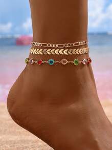 3pcs/Set Fashion Multi-Layer Gold Anklet, Charming Women Beach Party Sparkling Colorful Crystal Anklet, Suitable For Daily Gathering, Beach Vacation, Handmade Adjustable Length, Random Color Arrangement Of Colorful Glass Crystal