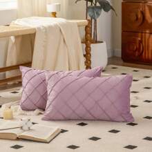 1pc/2pcs Rhombus Pattern Sherpa Pillow Cover (Pillow Insert Not Included), Square Cushion Cover, Holiday Home Decor Pillow, Soft & Cozy Linen-Like Fabric, Modern Decoration For Sofa, Bedroom, Dorm - Mauve Purple - View 5