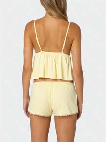 Women's Summer Lounge Set Sleeveless V Neck Cami Tops Lace Trim Shorts Sleepwear - Màu vàng - Xem 7