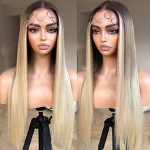 DZfirst 渐变金色 13x4 直发高清蕾丝前假发 预拔长直发 28 英寸蕾丝前假发 合成材料 可穿戴蕾丝前假发 日常使用