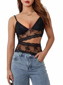 Camisetas de tirantes de encaje para mujer con escote pronunciado, sin mangas y sin espalda, estilo verano, ajustadas, estilo streetwear. - Negro - Ver 2