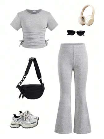 2 piezas Conjunto de Top de manga corta con decoración de lazo tejido y pantalones acampanados para niña, conjunto casual de primavera/verano para exteriores