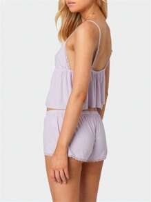 Women's Summer Lounge Set Sleeveless V Neck Cami Tops Lace Trim Shorts Sleepwear - Màu tím - Xem 5