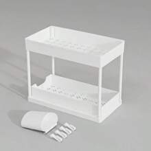 2 Tier  Organizer Sliding Cabinet Basket Organizer Storage Rack With Hooks Hanging Cup Bathroom Kitchen OrganizerUnder Sink - trắng - Xem 1