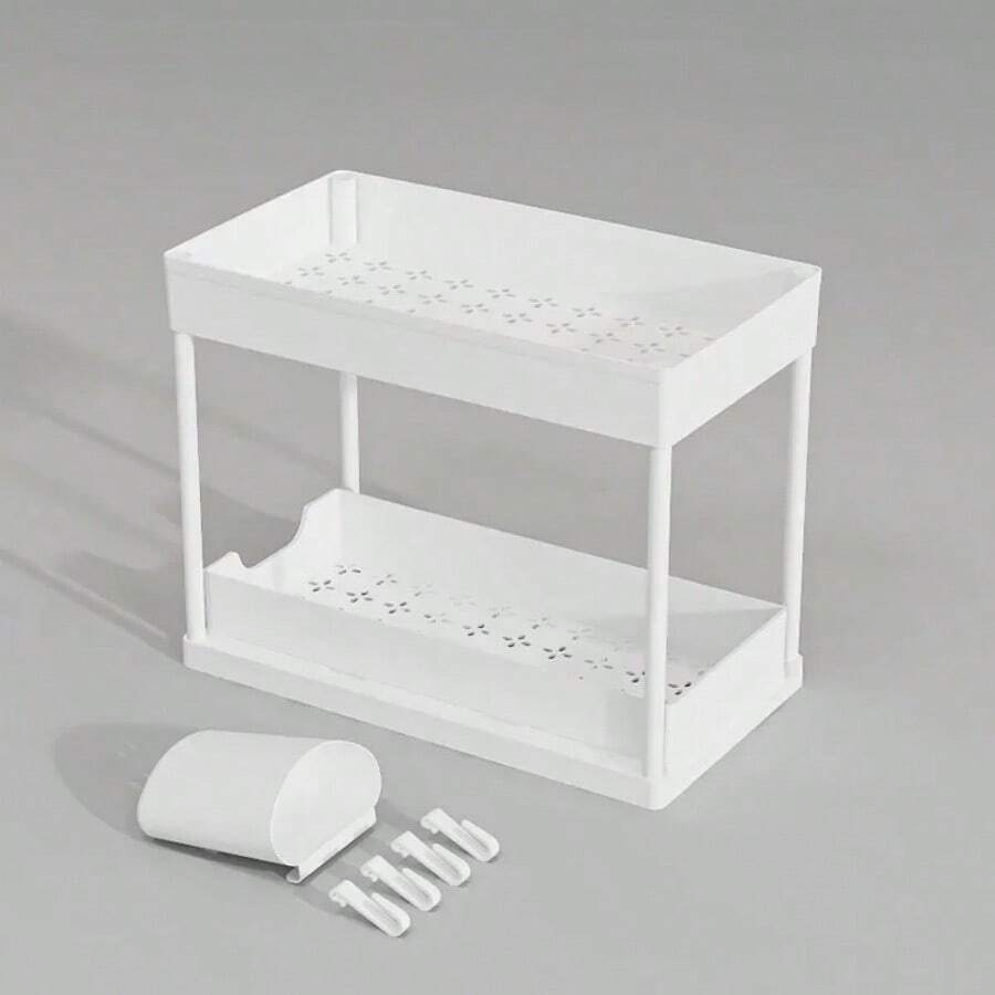 2 Tier  Organizer Sliding Cabinet Basket Organizer Storage Rack With Hooks Hanging Cup Bathroom Kitchen OrganizerUnder Sink - trắng - Xem 1