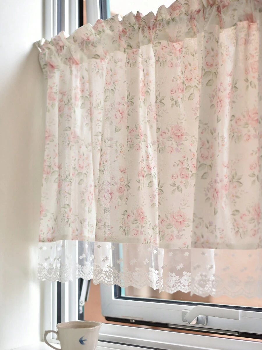 1 Set Vintage Farmhouse Romantic Rose Patterned Semi-Sheer Lace Trim Curtain, White, Suitable For Home Or Commercial Use, For Kitchen, Window Decor, Retro Window Matching, Christmas Window Decoration - Multicolor - View 1