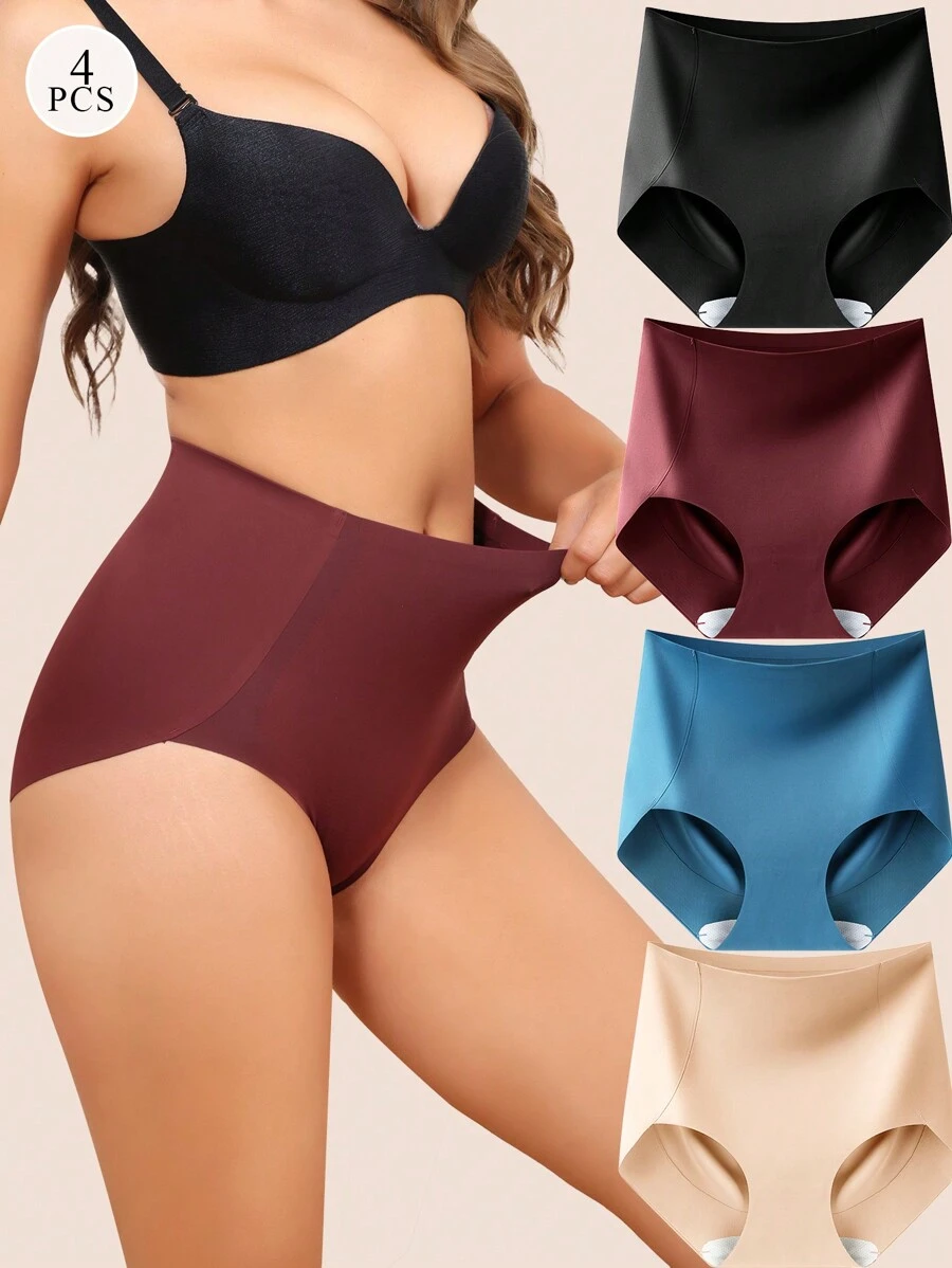 4-Pack Multi Color Women Tummy Control Underwear High Waisted Seamless Panties No Show Postpartum Briefs S-XXL - 彩色 - 查看 1