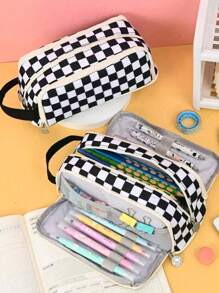 Large Capacity Pencil Case With Checkerboard Pattern, Diagonal Lines, High Aesthetic Value, Simple Stationery Storage, Multi-Functional Student Packaging Bag