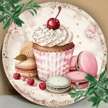 7.8 Inch Round Metal Plate With Charming Strawberry Cake And Macaron Wall Art, Suitable For Bar, Cafe, Club Decor, Hole Positions As Shown In Size Chart - Multicolor - View 1