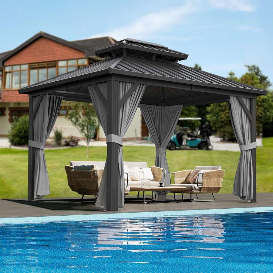 Fulvari 13x10 Outdoor Double Roof Permanent Wood Grain Coated Aluminum Pavilion With Netting And Curtain For Lawns,Gardens,Backyards,Decks - Grey - View 1
