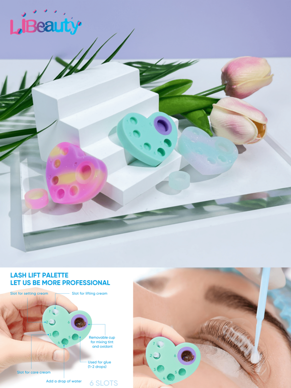 Libeauty New Heart Shape Reusable 1 Pair Lash Lift Lotion Palette Set Eyelash Lift Patches And Tray Lash Tool Supplies Lash Lift Tool, Eyelash Perm And Brow Lamination Silicone Palette Tools, 6 Function Container, Easy To Clean