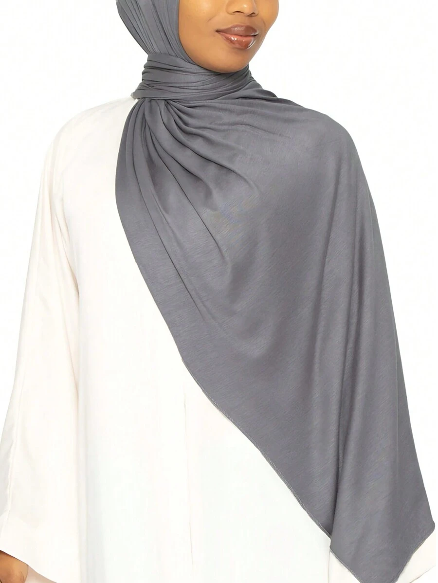 1pc Soft Solid Color Hijab Scarf, Jersey Knit Long Headscarf For Women - Dark Grey - View 1