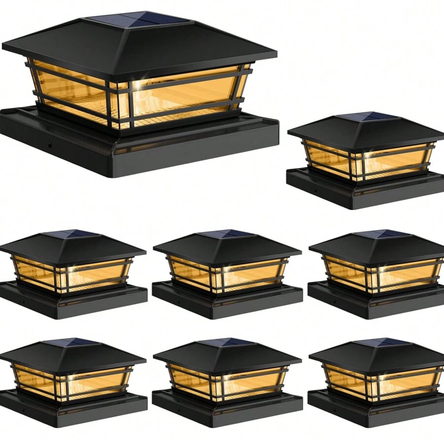 Solar Post Cap Lights Outdoor 8Pack [LED Bulb, 2 Brightness Setting] Fence Post Solar Lights Waterproof For 4x4 5x5 Or 5.5x5.5 Wood Posts, Warm Bright Bulb Lighting For Garden Deck Yard - Vỏ đen - Xem 1
