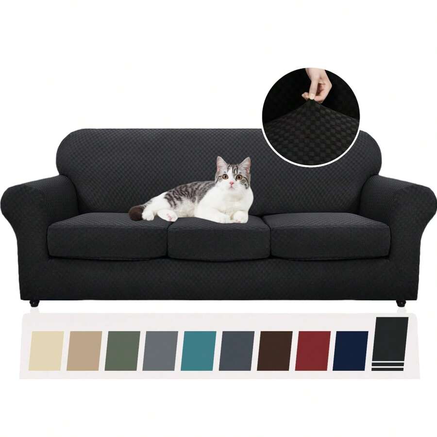 The Latest Lattice Sofa Cover 1/2/3/4 Person 1/2/3 Cushion Sofa High Elastic Thickened Sofa Cover Dog Pet Elastic Non-Slip Cover Living Room Furniture Protection Cover - 黑色 - 查看 1