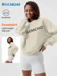 Sudadera de manga larga con cuello redondo y estampado de letras, estilo sencillo para uso diario en primavera/verano - Albaricoque - Ver 5