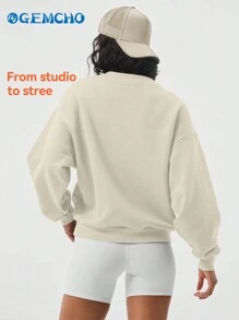 Sudadera de manga larga con cuello redondo y estampado de letras, estilo sencillo para uso diario en primavera/verano - Albaricoque - Ver 8