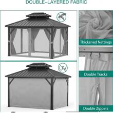 Fulvari 13x10 Outdoor Double Roof Permanent Wood Grain Coated Aluminum Pavilion With Netting And Curtain For Lawns,Gardens,Backyards,Decks - Grey - View 5