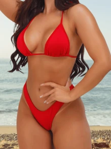 Sexy Neon Green Tie-Up Beach Bikini Set - Red - View 9