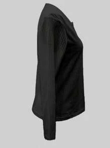 Camisa de manga larga con cuello de pico de malla de color sólido para mujer - Negro - Ver 4