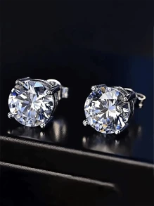1 Pasang Anting Stud Bulat Klasik Pria dengan Batu Zirkonia Kubik, Tersedia Berbagai Ukuran - Perak - View 11