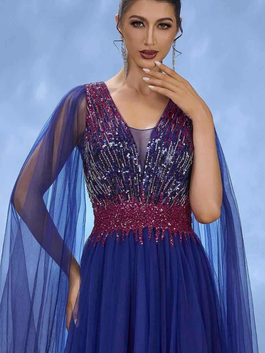 DELLA COUTURE Navy Blue Mesh Evening Dress With Long Fluttering Sleeves To Show Modest Elegant, Beaded Decorations To Add Charm, Sexy V-Neck Exquisite Fashion, Women's Slim Body Highlighting The Figure, Suitable For Parties, Dinners, Weddings And Other Formal Occasions, As Beach Outfits For Woman In The Seaside Vacation Wear Is Also Outstanding, Large Swing Long Cocktail Heavy Dresses To Meet The Needs Of The Prom Guests, Party Dress