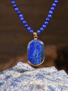 Bohemian Style Lapis Lazuli Pendant Necklace With 4mm Beads Geometric Pendant, Handmade Vintage Women's Jewelry, Perfect Birthday Or Holiday Gift - Multicolor - View 7