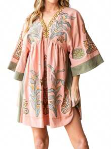 Vestido corto de verano para mujer con estampado floral, mangas cortas, escote en V y corte holgado, ideal para la playa. - Naranja - Ver 1