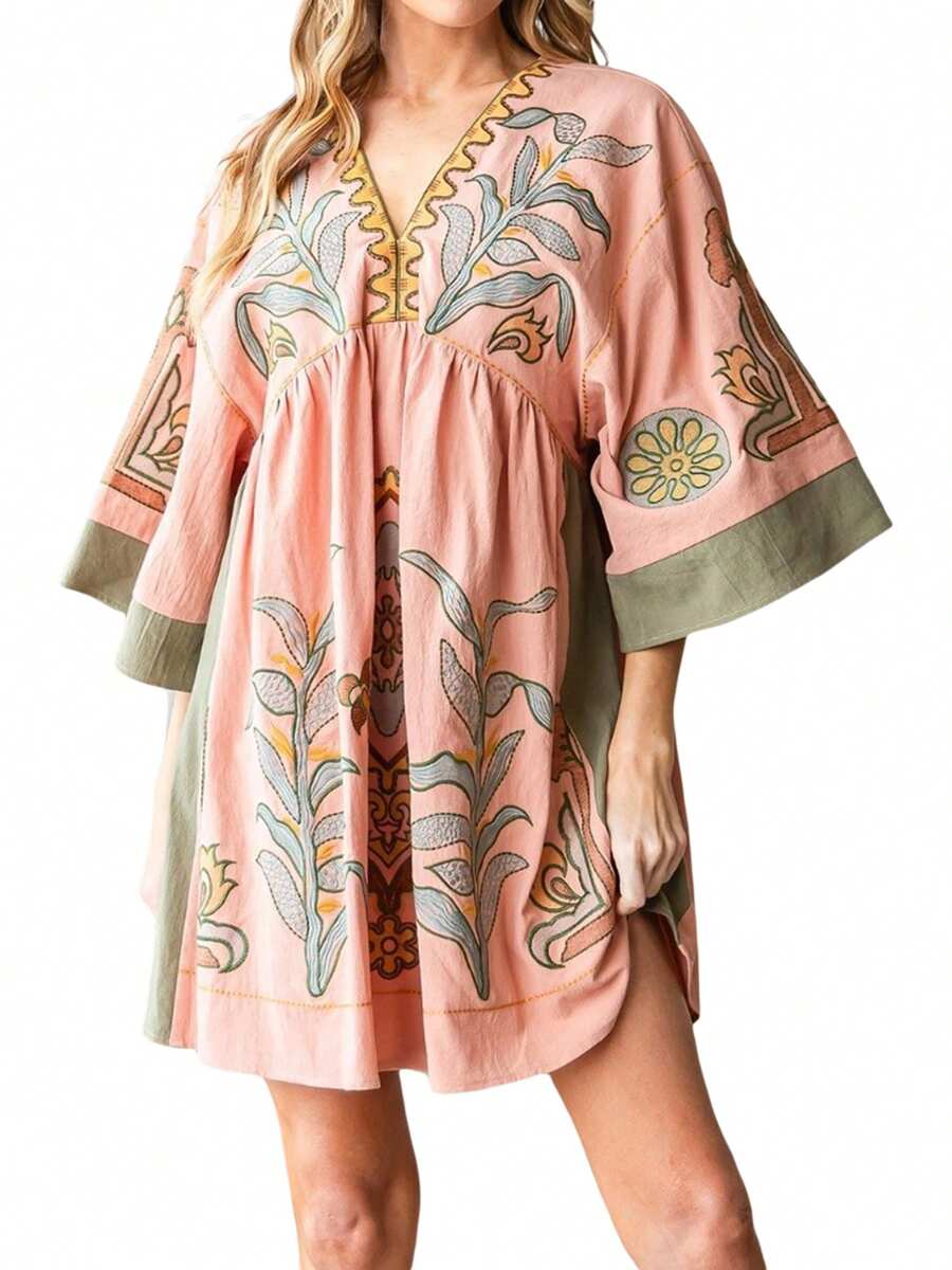 Vestido corto de verano para mujer con estampado floral, mangas cortas, escote en V y corte holgado, ideal para la playa. - Naranja - Ver 1