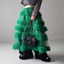 Women's Tulle A-Line Long Skirt High Waist Sheer Mesh Tiered Ruffled Skirt For Summer, Spring - Green - View 5