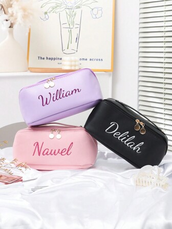 Sac à maquillage en cuir brodé, sac cosmétique grande capacité, organisateur de maquillage, cadeau de Noël pour les femmes, cadeaux pour demoiselles d'honneur, cadeau pour la douche de mariée, sac à maquillage, cadeau pour elle, cadeaux pour demoiselles d'honneur, cadeaux pour la meilleure amie, multifonctionnel, ornemental, lettre, couleur unie, raffiné, élégant, vintage, moderne, coloré, loisir, basique, casual, doux, unique, personnalisé, personnalisé, cadeau idéal pour elle, petite amie, elle, petit ami, amis, chic automne, accessoires de beauté de Noël