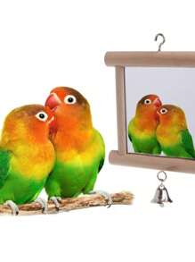 1pc Parrot Biting Wooden Color Bell Decor Mirror Toy - Multicolor - View 4