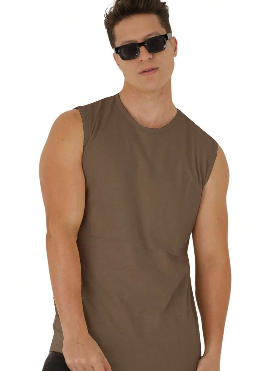 Men's 100% Cotton Macho Summer Basic Tank Top - 鏽棕色 - 查看 1