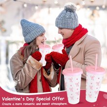 5/10pcs Pink And Red Ribbon Bow & Heart Plastic Tumblers With Straws And Lids, Ribbon Bow Flat Bottomed Cup, Pink Plastic Cup, Coffee Mug, Reusable, Suitable For Cold Drinks, Home, Office, Decoration, Party Gifts, Daily Use, Weddings, Commemoration Day, Afternoon Tea, Valentine's Day, Birthday, Parties, Water Bottle Back To School