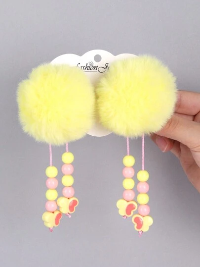 2pcs Yellow Furry Ball Hair Clips, Cute Furry Ball Tassel Alligator Clips, Suitable For Girls, With Beaded Tassel, For Daily Wear And Party, Teenage Hair Accessories