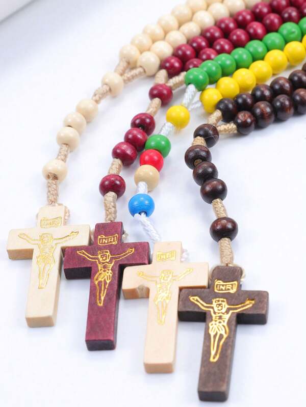 1pc/Pack Around 59pcs Wooden Cross Beaded Chain Necklace Pendant, Colorful Wood Beads Prayer Accessory, Baptism Gift