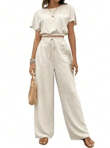 Conjunto De Dos Piezas Para Mujer De Color Sólido Con Manga Murciélago Y Pantalones Rectos Cortos - Beis - Ver 5