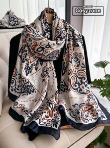 1pc Paisley Printed Faux Silk Scarf For Women, Versatile Shawl/Wrap, Fashionable Daily Accessory - Blue and White - View 1