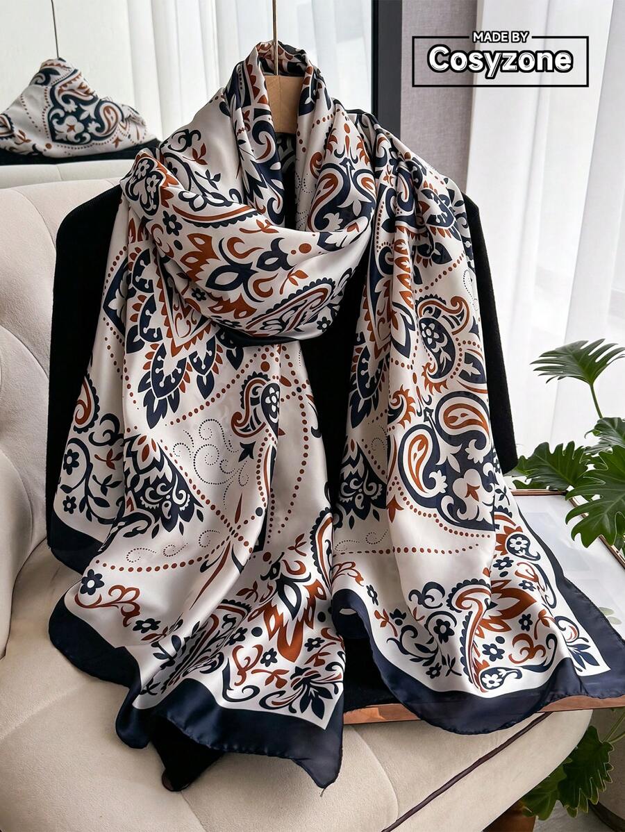 1pc Paisley Printed Faux Silk Scarf For Women, Versatile Shawl/Wrap, Fashionable Daily Accessory - Blue and White - View 1