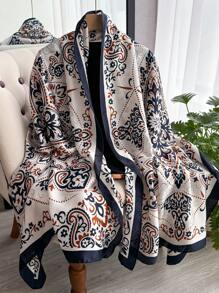 1pc Paisley Printed Faux Silk Scarf For Women, Versatile Shawl/Wrap, Fashionable Daily Accessory - Blue and White - View 2