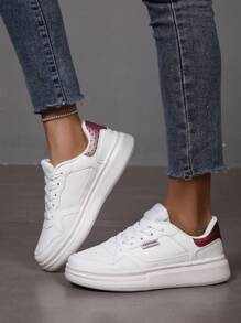 Fashionable Women Minimalist Skateboard Shoes, White Leather Upper Thick Sole Lace-Up Low-Top Casual Sneakers, Comfortable & Personalized For Vacation